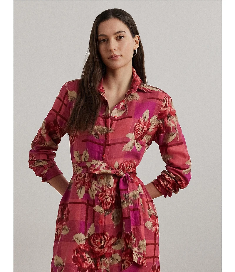 Lauren Ralph Lauren Linen Floral Print Checked Belted Point Collar Shirt Maxi Dress