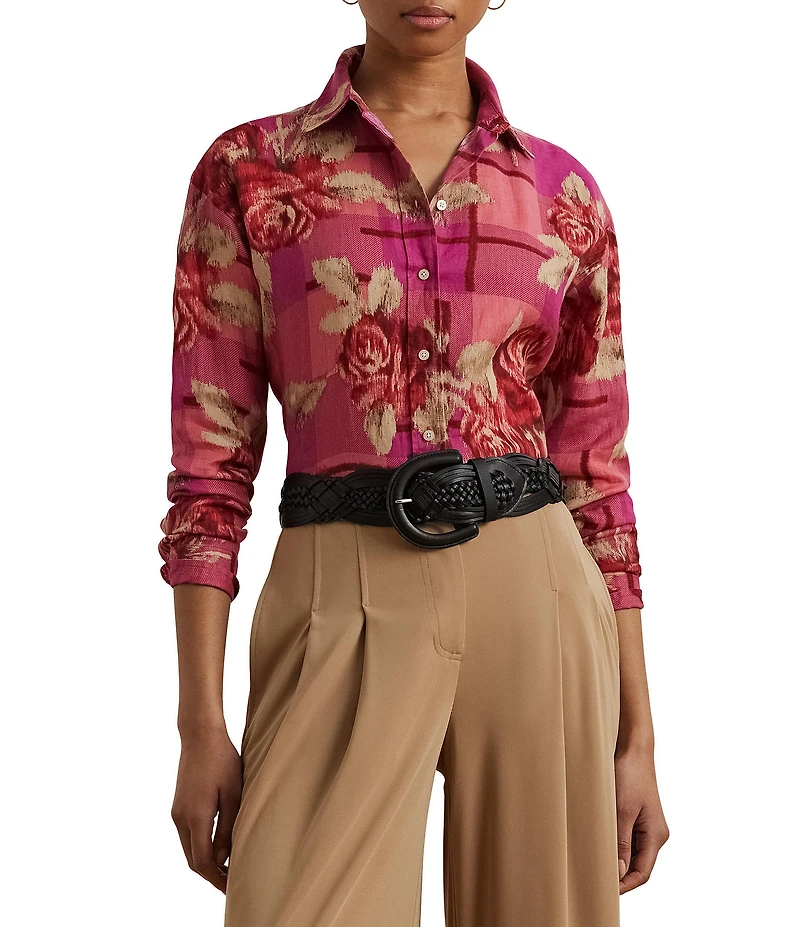 Lauren Ralph Lauren Linen Floral Print Point Collar Long Sleeve Shirt