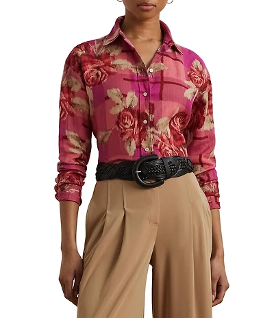 Lauren Ralph Lauren Linen Floral Print Point Collar Long Sleeve Shirt