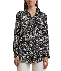 Lauren Ralph Lauren Linen Floral Print Point Collar Long Sleeve Shirt