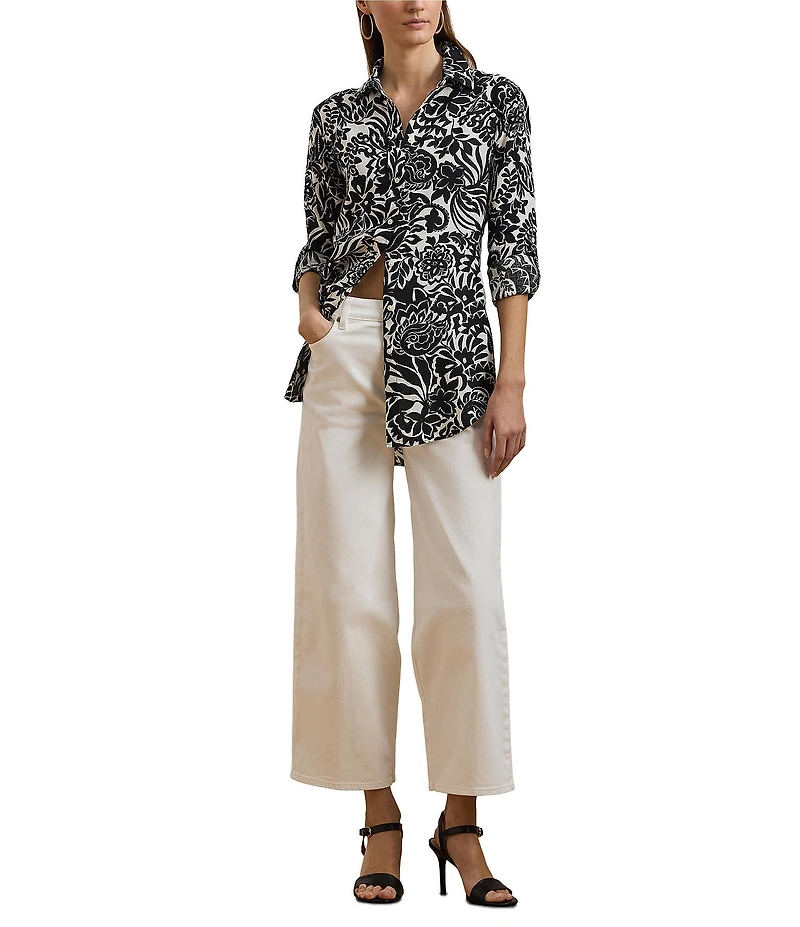 Lauren Ralph Lauren Linen Floral Print Point Collar Long Sleeve Shirt