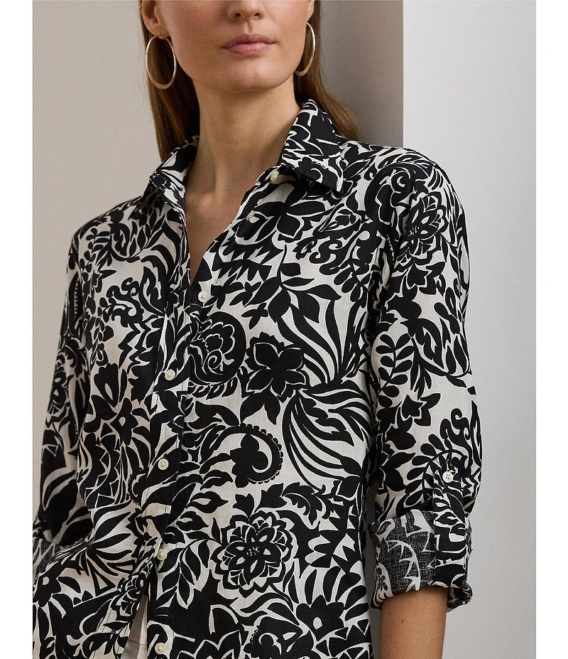 Lauren Ralph Lauren Linen Floral Print Point Collar Long Sleeve Shirt