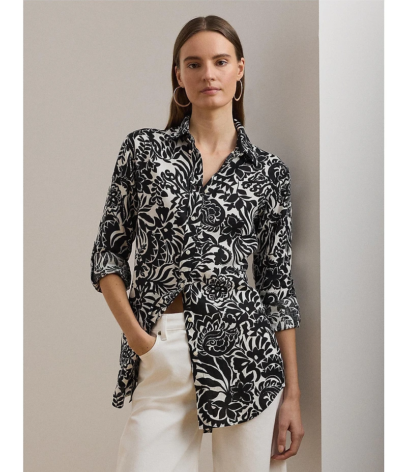 Lauren Ralph Lauren Linen Floral Print Point Collar Long Sleeve Shirt