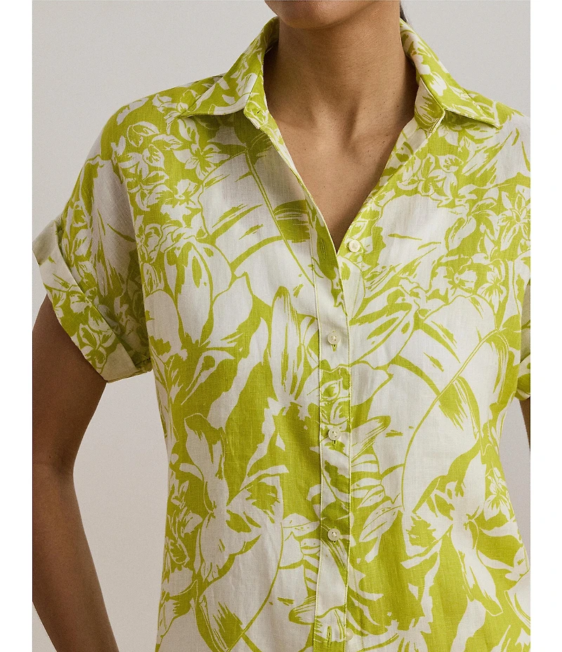 Lauren Ralph Lauren Linen Floral Print Point Collar Short Sleeve Shirt