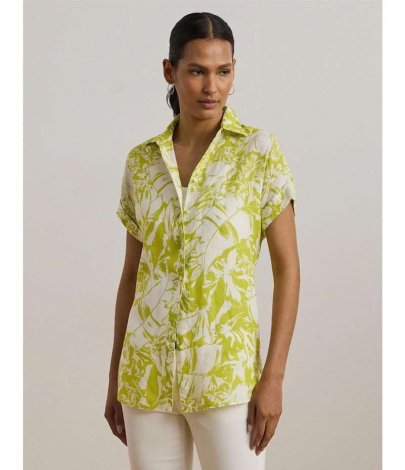 Lauren Ralph Lauren Linen Floral Print Point Collar Short Sleeve Shirt