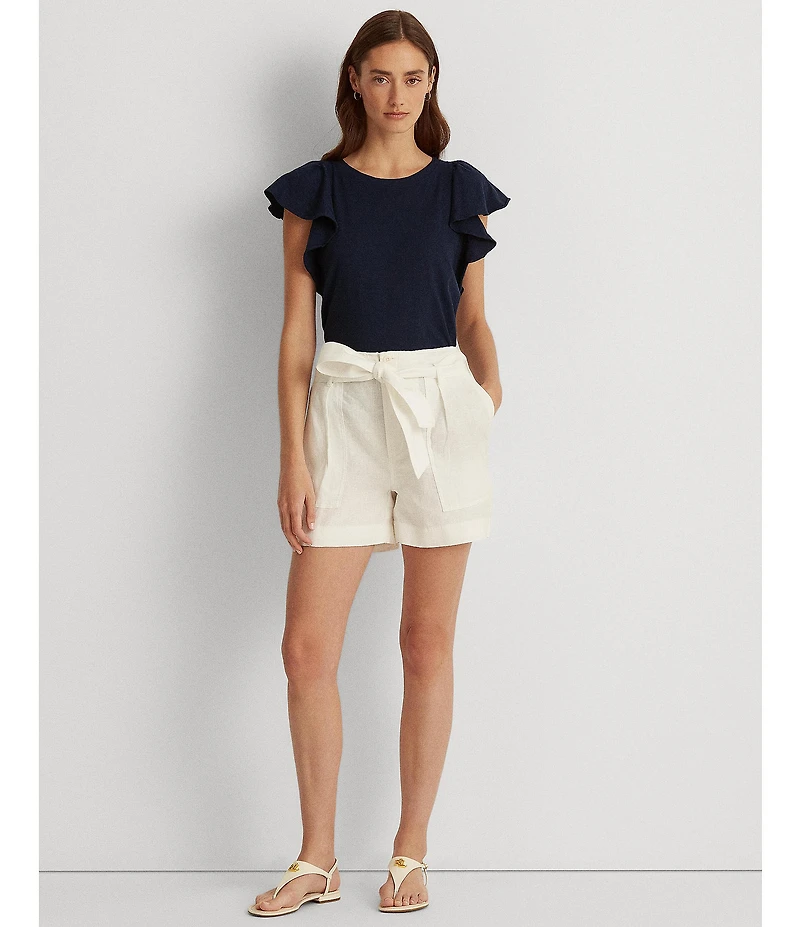 Lauren Ralph Lauren Linen High Rise Tie Belted Relaxed Shorts