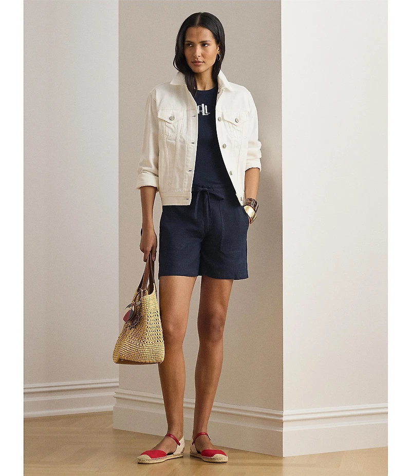 Lauren Ralph Lauren Linen High Rise Wide Leg Drawstring Front Shorts