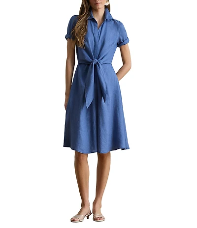 Lauren Ralph Lauren Linen Point Collar 3/4 Sleeve Tie Front Shirt Dress