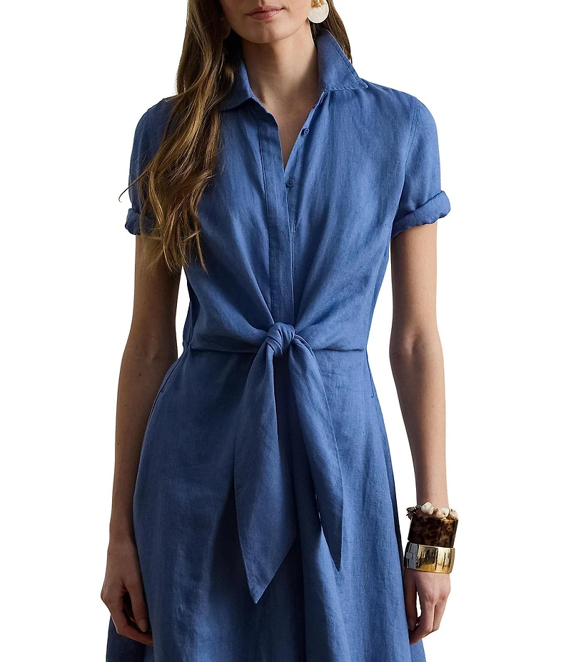 Lauren Ralph Lauren Linen Point Collar 3/4 Sleeve Tie Front Shirt Dress