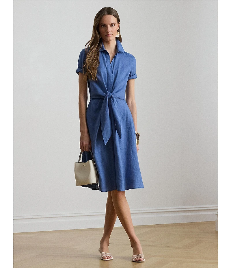 Lauren Ralph Lauren Linen Point Collar 3/4 Sleeve Tie Front Shirt Dress