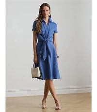 Lauren Ralph Lauren Linen Point Collar 3/4 Sleeve Tie Front Shirt Dress