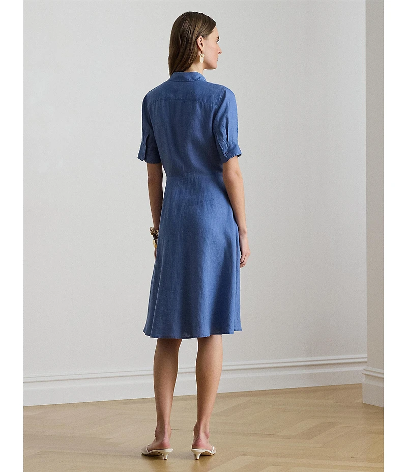 Lauren Ralph Lauren Linen Point Collar 3/4 Sleeve Tie Front Shirt Dress
