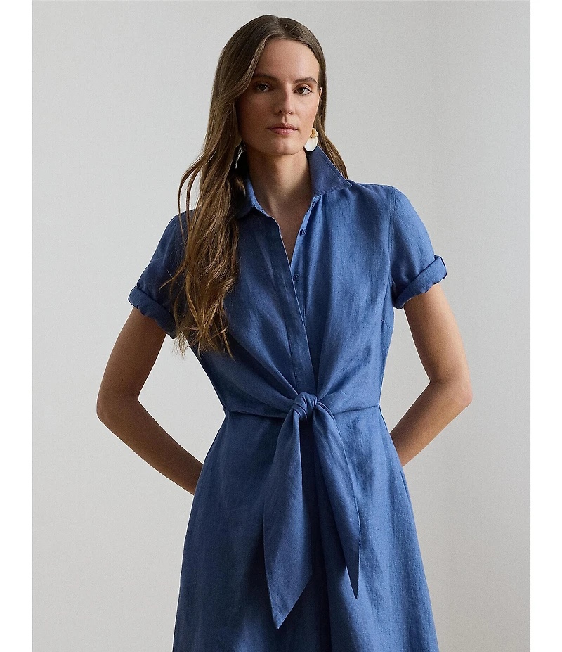 Lauren Ralph Lauren Linen Point Collar 3/4 Sleeve Tie Front Shirt Dress