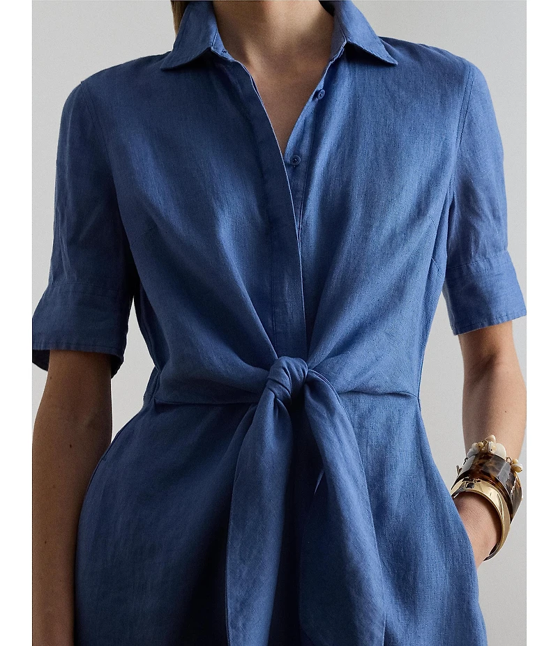 Lauren Ralph Lauren Linen Point Collar 3/4 Sleeve Tie Front Shirt Dress
