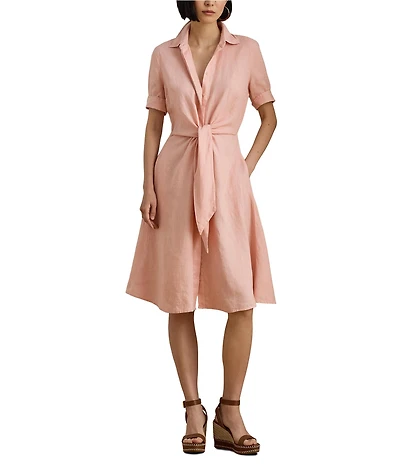 Lauren Ralph Lauren Linen Point Collar Elbow Cuff Sleeve Tie Front Shirt Dress