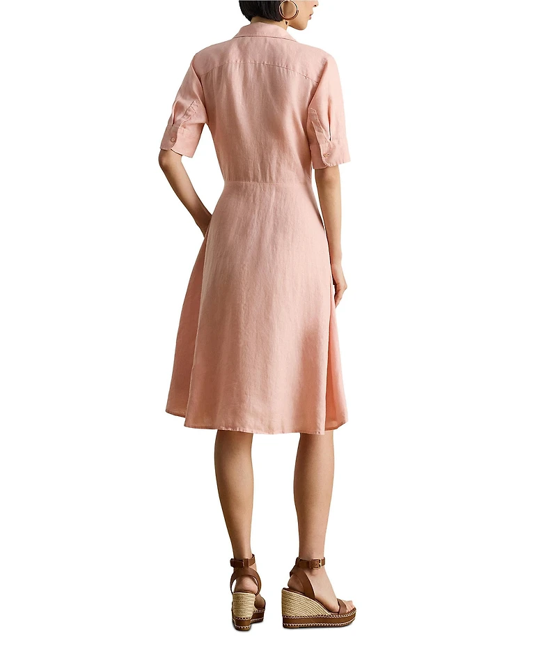 Lauren Ralph Lauren Linen Point Collar Elbow Cuff Sleeve Tie Front Shirt Dress