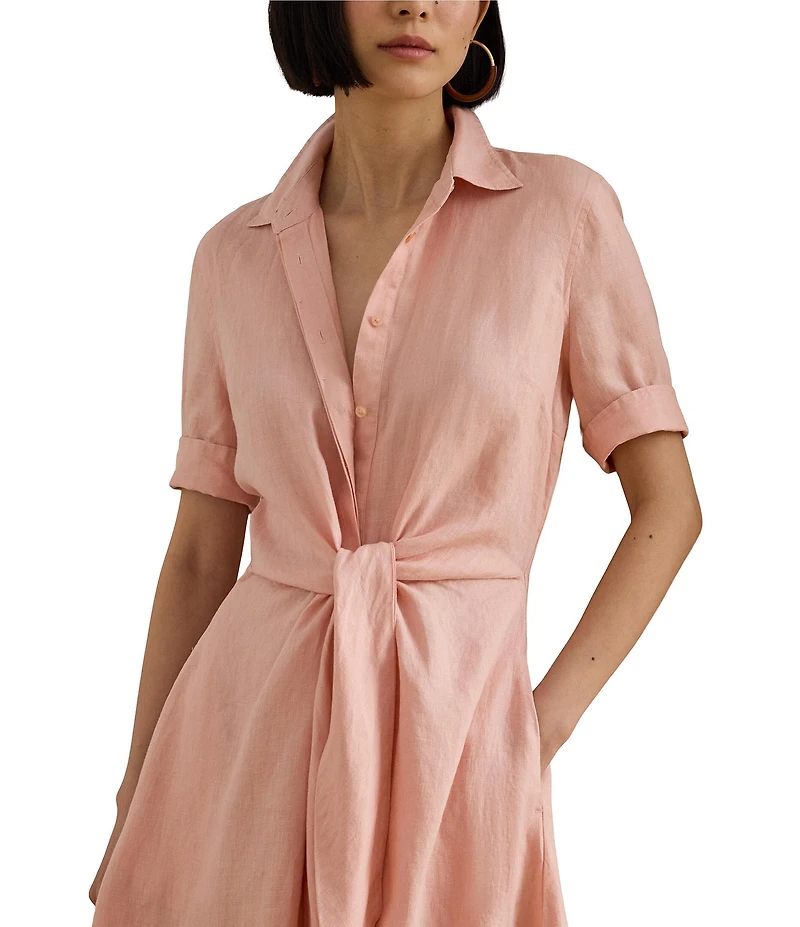 Lauren Ralph Lauren Linen Point Collar Elbow Cuff Sleeve Tie Front Shirt Dress