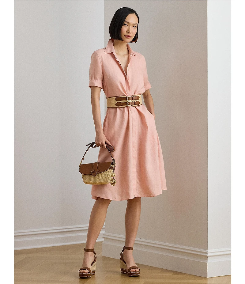 Lauren Ralph Lauren Linen Point Collar Elbow Cuff Sleeve Tie Front Shirt Dress