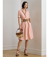 Lauren Ralph Lauren Linen Point Collar Elbow Cuff Sleeve Tie Front Shirt Dress