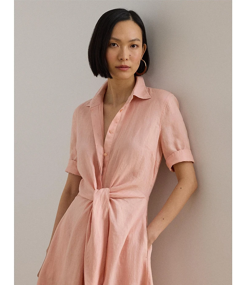 Lauren Ralph Lauren Linen Point Collar Elbow Cuff Sleeve Tie Front Shirt Dress