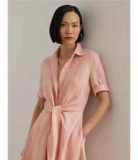 Lauren Ralph Lauren Linen Point Collar Elbow Cuff Sleeve Tie Front Shirt Dress