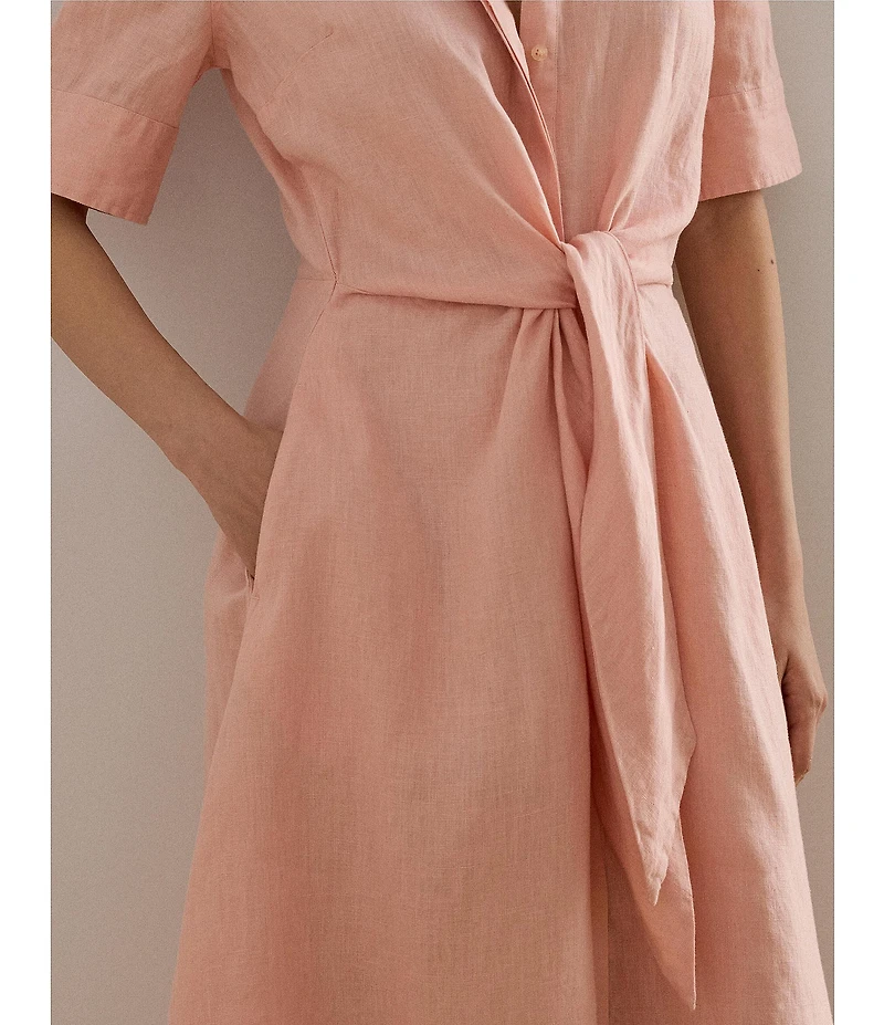 Lauren Ralph Lauren Linen Point Collar Elbow Cuff Sleeve Tie Front Shirt Dress