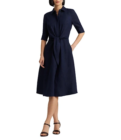 Lauren Ralph Lauren Linen Point Collar Elbow Sleeve Button Front Self Tie Fit-And-Flare Shirt Midi Dress