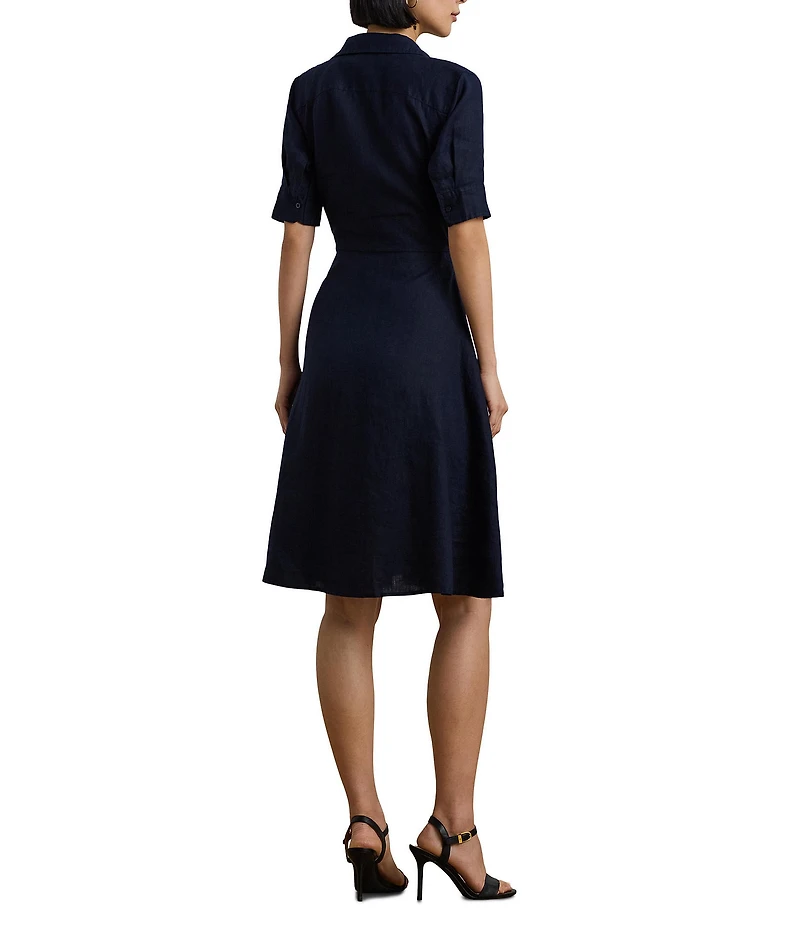 Lauren Ralph Lauren Linen Point Collar Elbow Sleeve Button Front Self Tie Fit-And-Flare Shirt Midi Dress