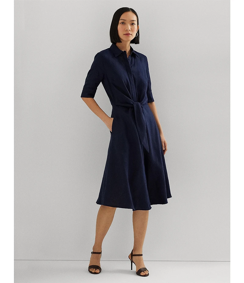 Lauren Ralph Lauren Linen Point Collar Elbow Sleeve Button Front Self Tie Fit-And-Flare Shirt Midi Dress