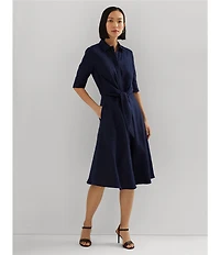 Lauren Ralph Lauren Linen Point Collar Elbow Sleeve Button Front Self Tie Fit-And-Flare Shirt Midi Dress