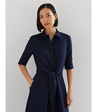 Lauren Ralph Lauren Linen Point Collar Elbow Sleeve Button Front Self Tie Fit-And-Flare Shirt Midi Dress