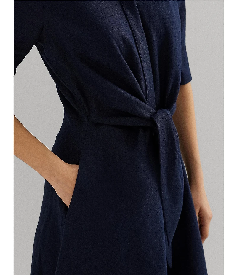 Lauren Ralph Lauren Linen Point Collar Elbow Sleeve Button Front Self Tie Fit-And-Flare Shirt Midi Dress