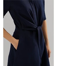 Lauren Ralph Lauren Linen Point Collar Elbow Sleeve Button Front Self Tie Fit-And-Flare Shirt Midi Dress