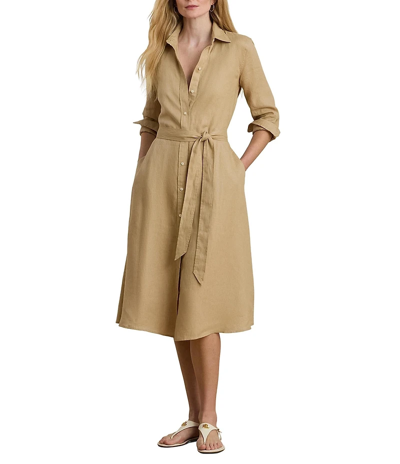 Lauren Ralph Lauren Linen Point Collar Long Sleeve A-Line Shirt Midi Dress
