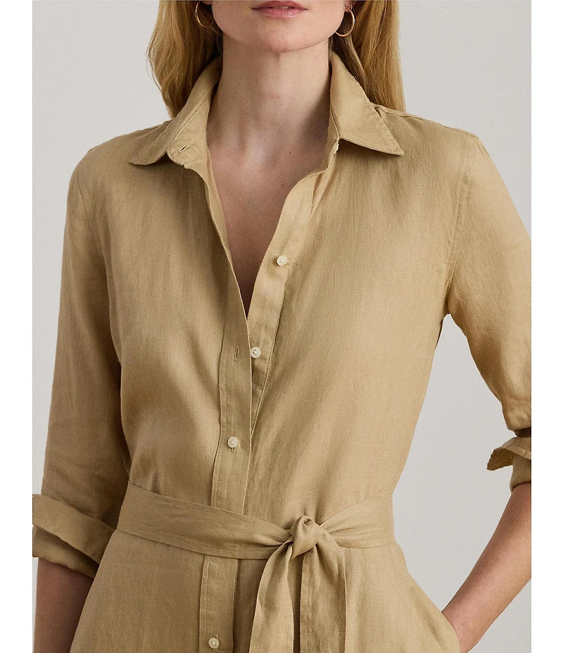 Lauren Ralph Lauren Linen Point Collar Long Sleeve A-Line Shirt Midi Dress