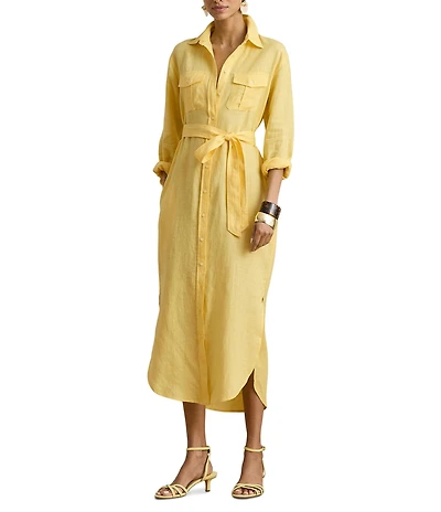 Lauren Ralph Lauren Linen Point Collar Long Sleeve Midi Shirt Dress