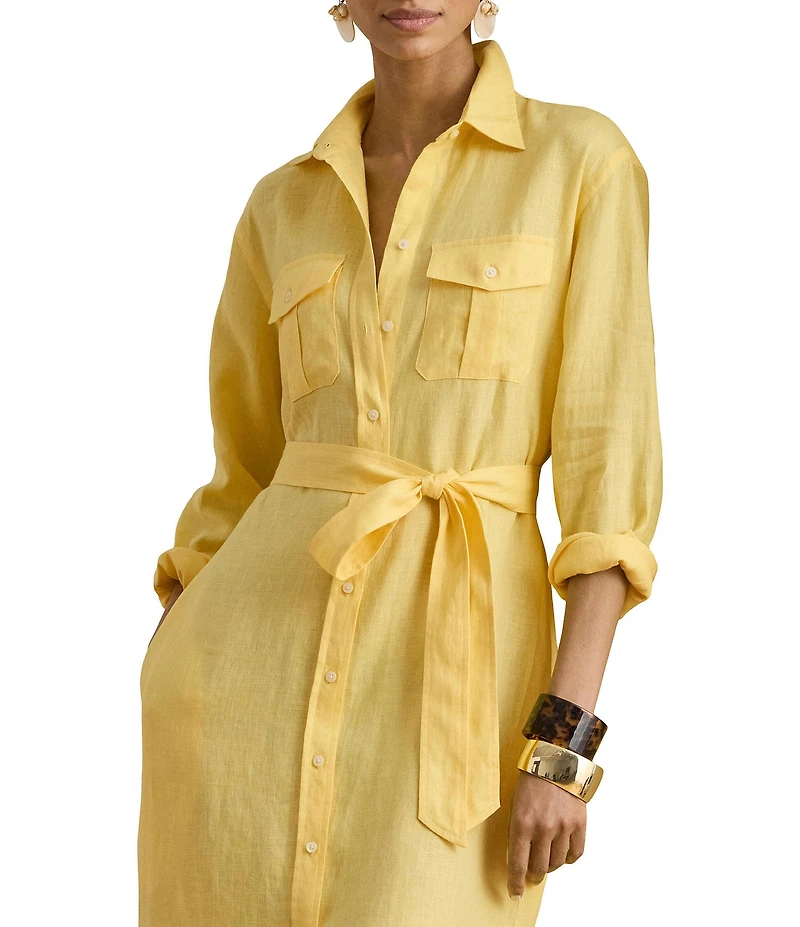 Lauren Ralph Lauren Linen Point Collar Long Sleeve Midi Shirt Dress
