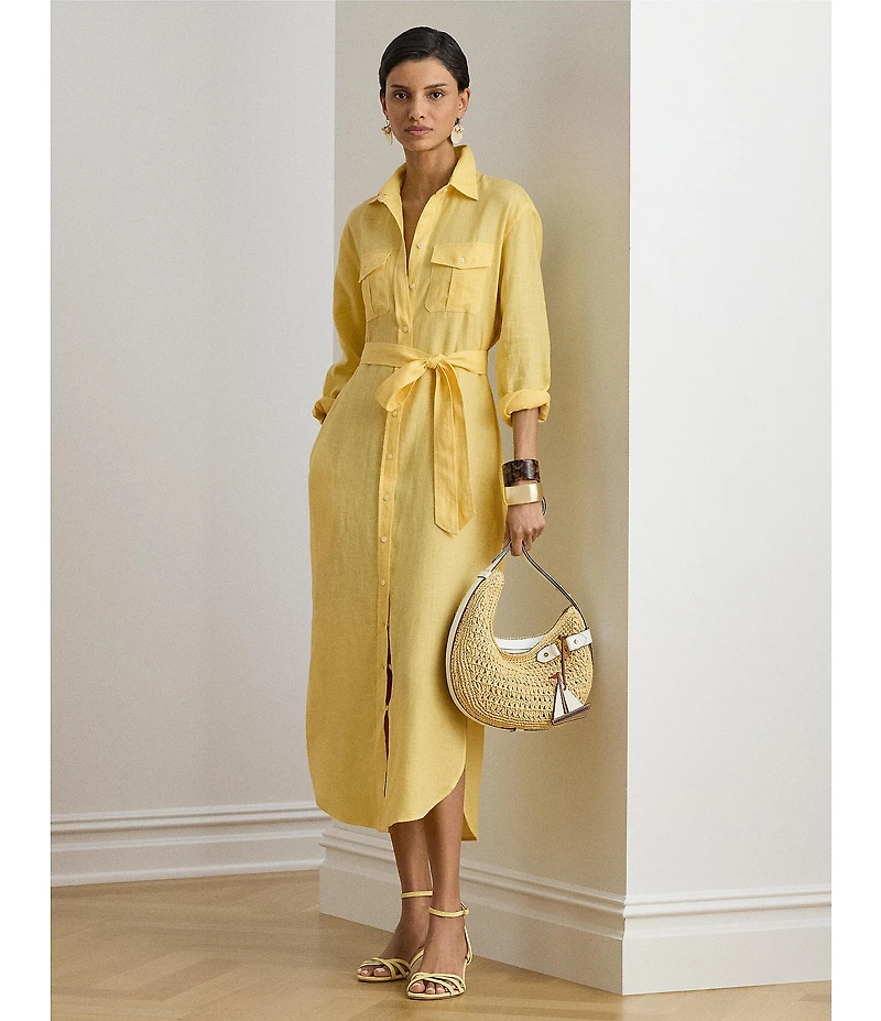 Lauren Ralph Lauren Linen Point Collar Long Sleeve Midi Shirt Dress