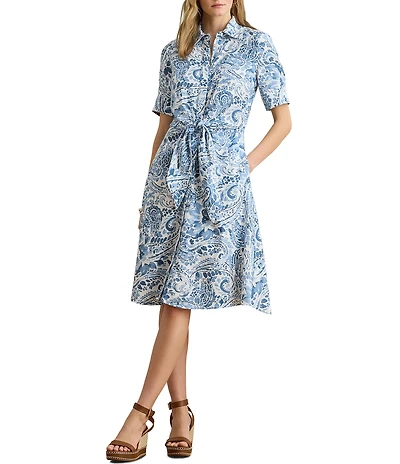 Lauren Ralph Lauren Linen Printed Point Collar 3/4 Sleeve Shirt Dress