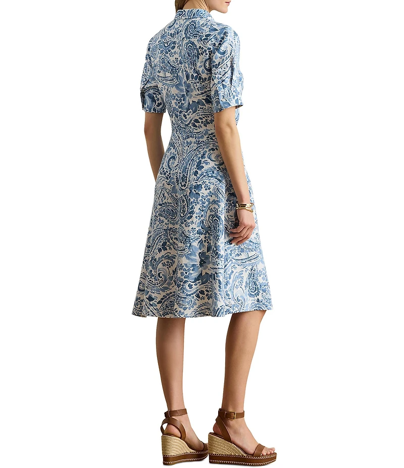 Lauren Ralph Lauren Linen Printed Point Collar 3/4 Sleeve Shirt Dress