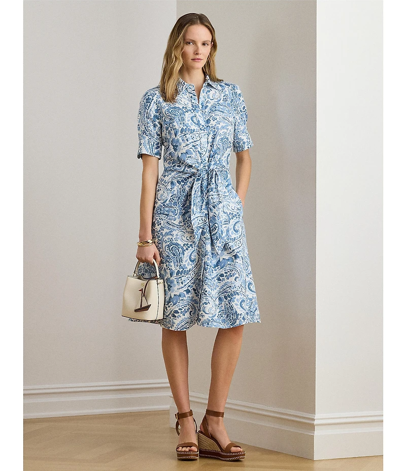 Lauren Ralph Lauren Linen Printed Point Collar 3/4 Sleeve Shirt Dress
