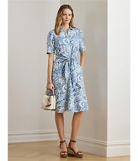 Lauren Ralph Lauren Linen Printed Point Collar 3/4 Sleeve Shirt Dress