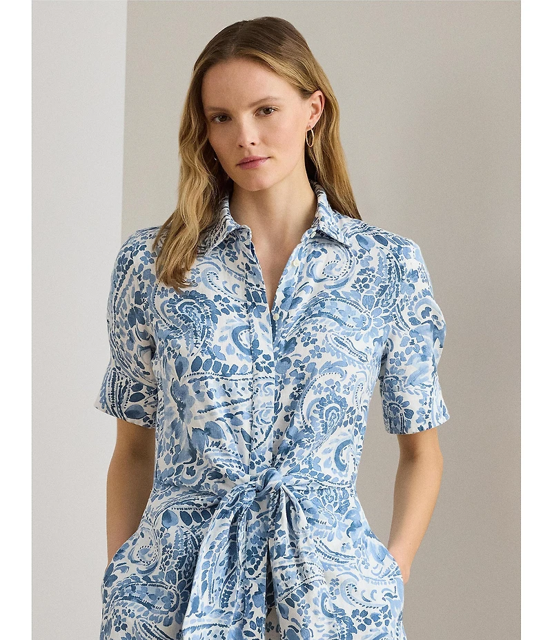 Lauren Ralph Lauren Linen Printed Point Collar 3/4 Sleeve Shirt Dress