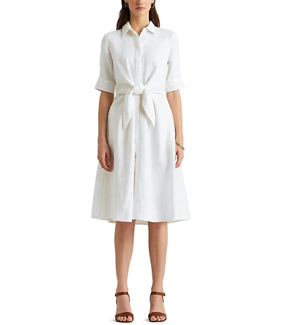 Lauren Ralph Lauren Linen Short Sleeve Button Down Self Tie Waist Shirt Dress