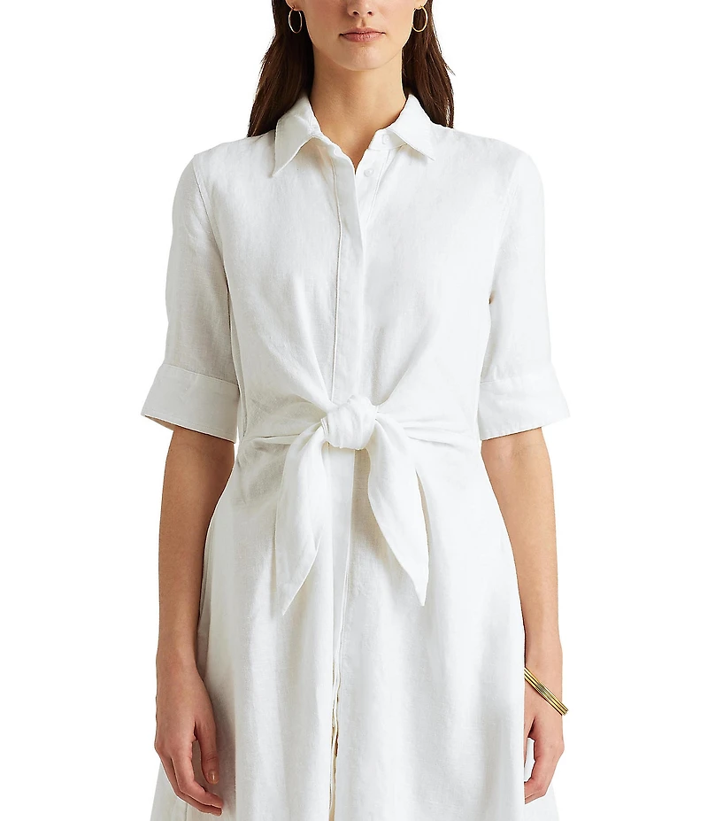 Lauren Ralph Lauren Linen Short Sleeve Button Down Self Tie Waist Shirt Dress
