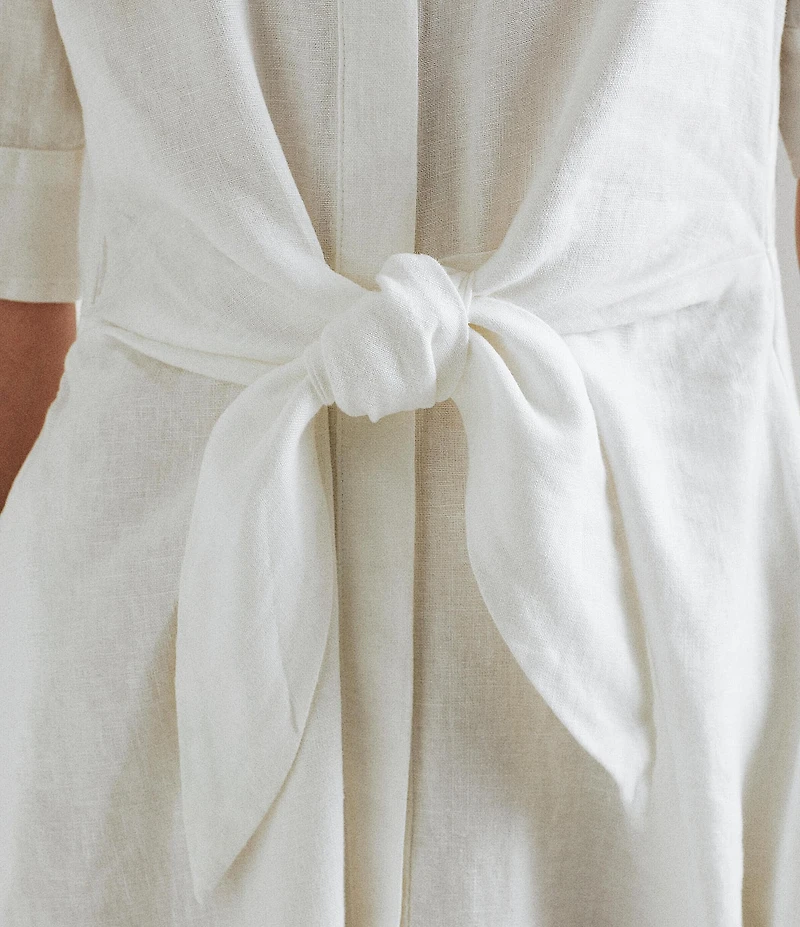 Lauren Ralph Lauren Linen Short Sleeve Button Down Self Tie Waist Shirt Dress