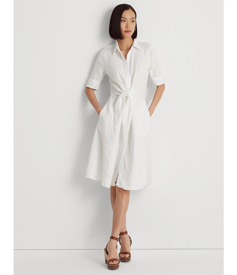 Lauren Ralph Lauren Linen Short Sleeve Button Down Self Tie Waist Shirt Dress