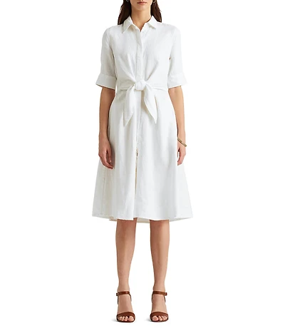 Lauren Ralph Lauren Linen Short Sleeve Button Down Self Tie Waist Shirt Dress