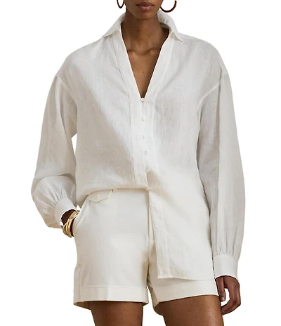 Lauren Ralph Lauren Linen Spread Collar Long Sleeve Shirt