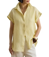Lauren Ralph Lauren Linen Stripe Point Collar Short Sleeve Shirt